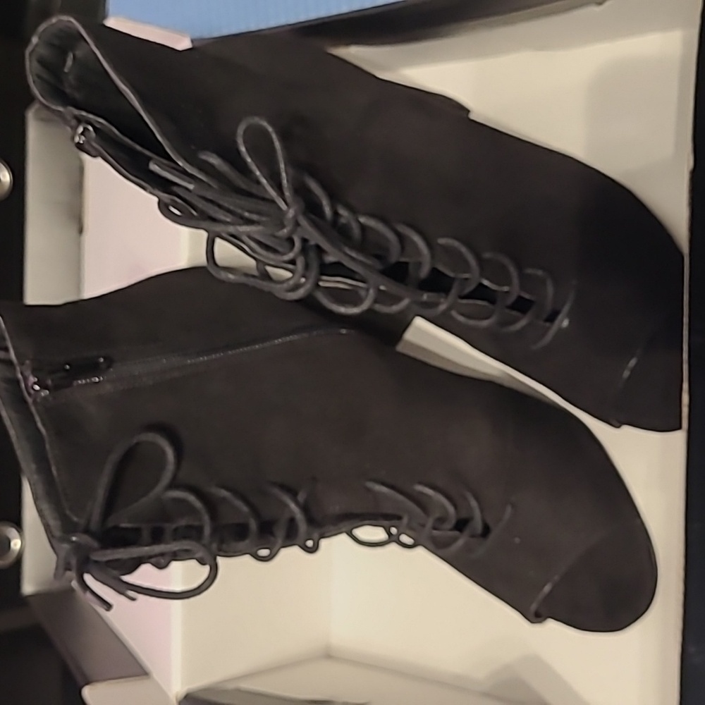 Black suede open toe booties